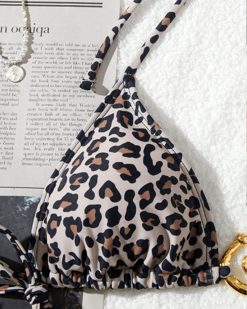 Bikini de Playa con Estampado Retro de Flores y Leopardo para Vacaciones
