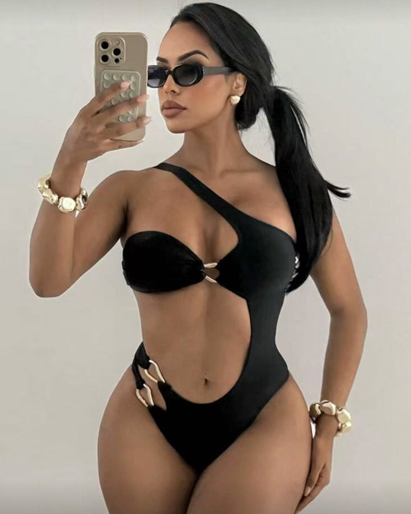 Sexy Bañador de Una Pieza con Espalda Descubierta y Corte en los Hombros