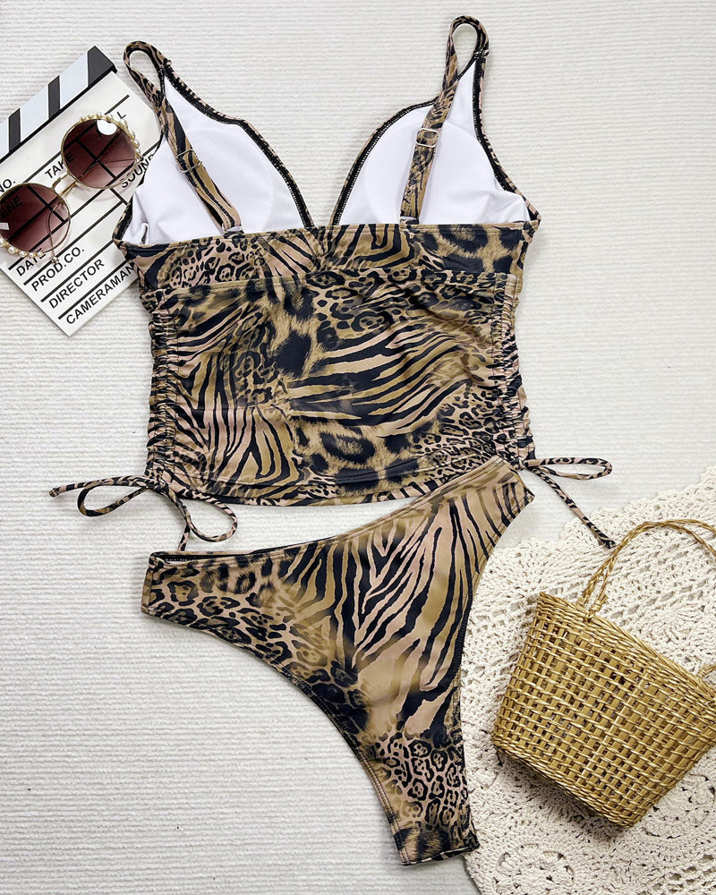 Conjunto de Bikini Retro de Leopardo con Escote en V para Mujeres