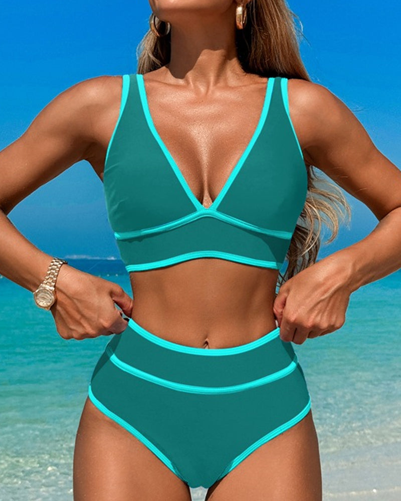 Bañador de Dos Piezas con Rayas y Escote en V Ideal para Vacaciones en la Playa