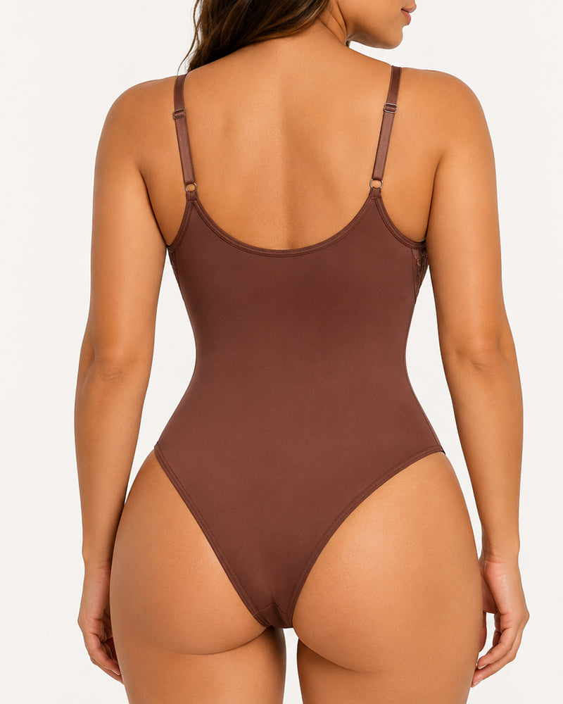 Body sin costuras para mujer con control abdominal y elegante encaje en V profundo