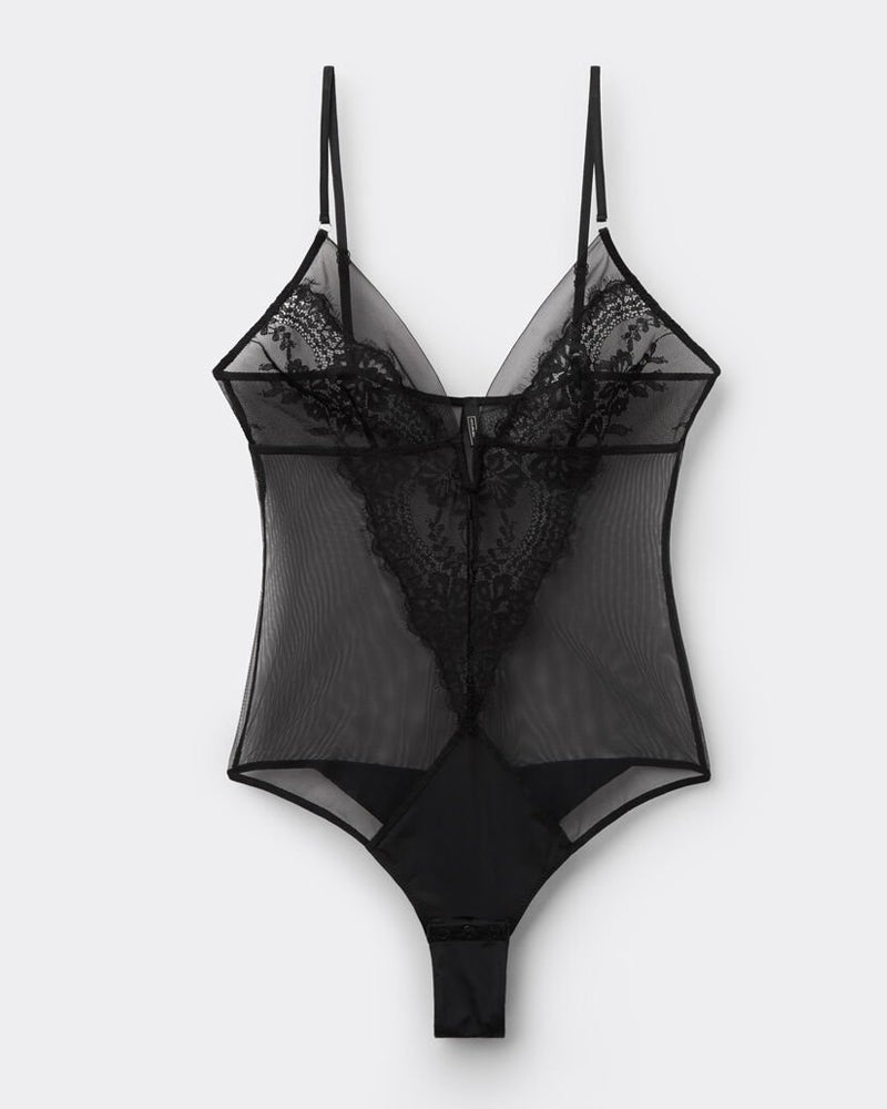 Body Negro Sexy de Encaje Floral con Malla Transparente y Escote en V Profundo