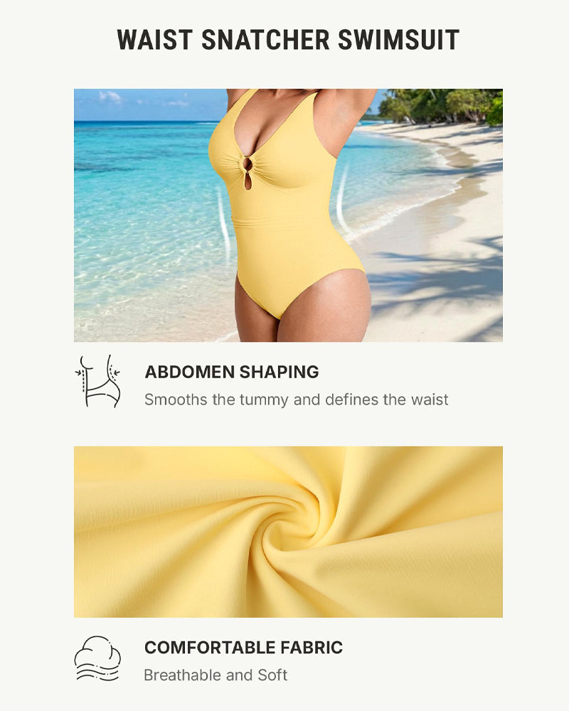 Bañador de Una Pieza con Control Abdomen y Escote en V Profundo - Color Sólido