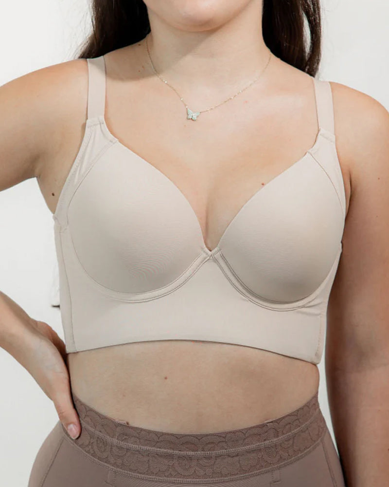 Body Shaper Bra with Underwire, V-Neck, Wide Back, and Long Torso