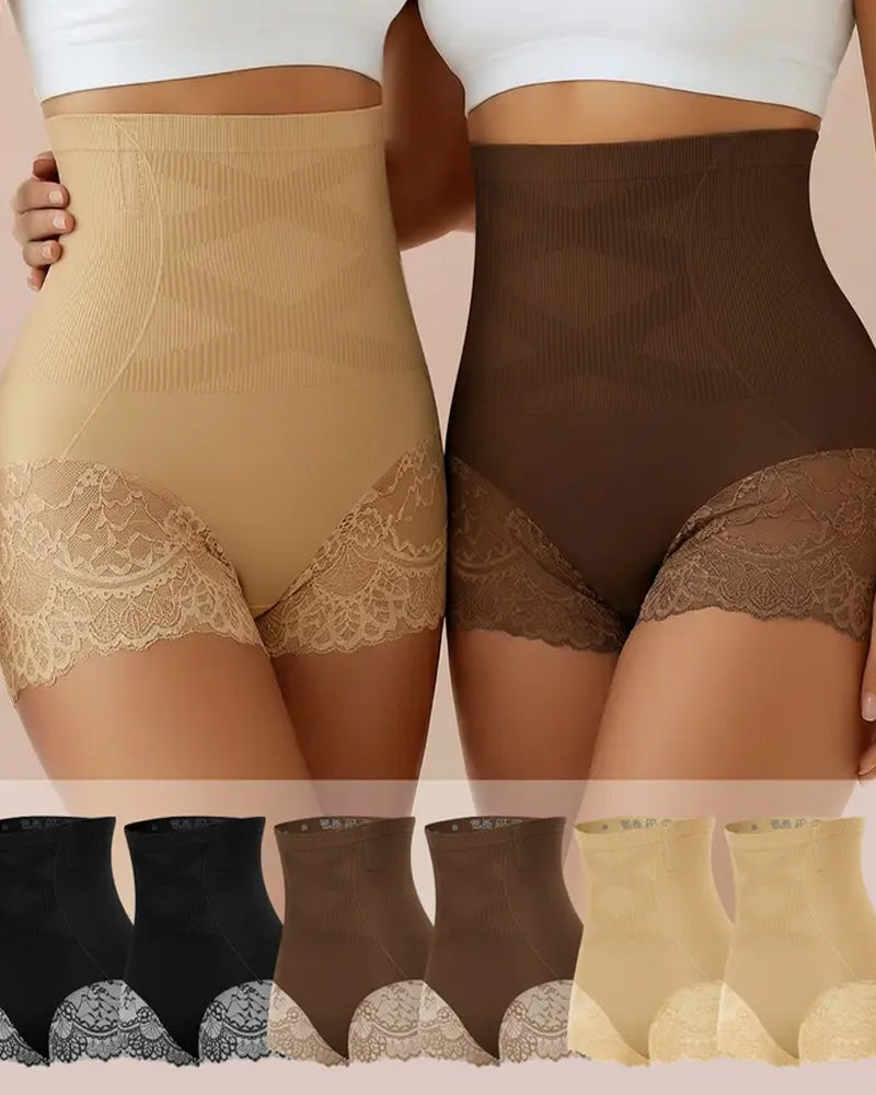 Panties de Control Abdomen y Levantamiento de Glúteos de Encaje Sin Costuras de Cintura Alta para Mujer