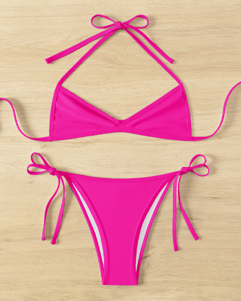 Bikini de Playa Mini Plisado con Cuello Halter en Color Sólido Sexy