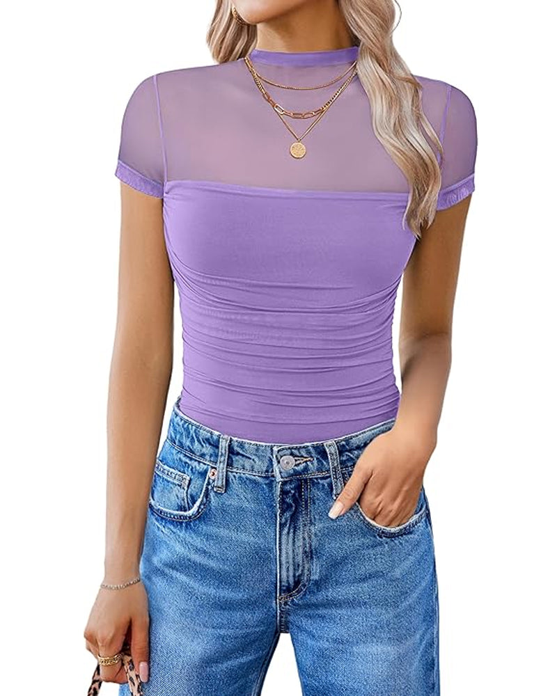 Cuerpo sin costuras de manga corta con panel de malla transparente y cuello alto para mujer