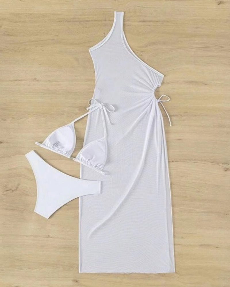 Conjunto de Bikini Halter Sólido Sexy con Cubierta Larga de Un Solo Hombro