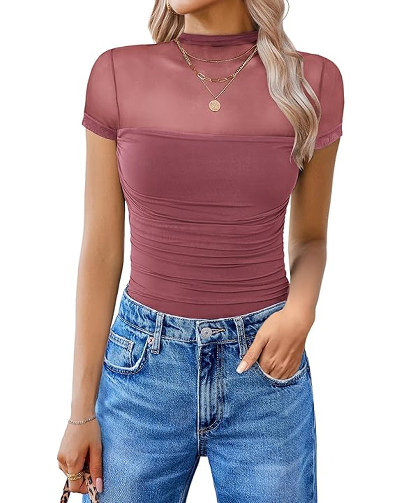 Cuerpo sin costuras de manga corta con panel de malla transparente y cuello alto para mujer