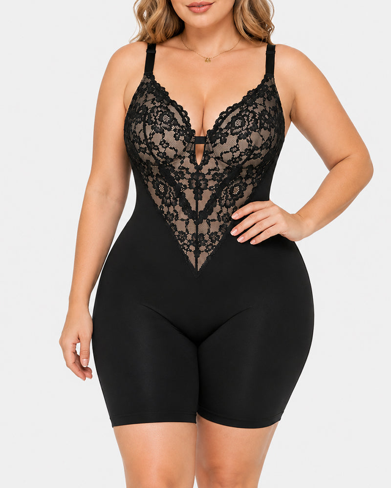 Body sin costuras de encaje elástico con escote en V para mujer" can be rewritten as:

"Body de encaje elástico sin costuras con escote en V para mujer