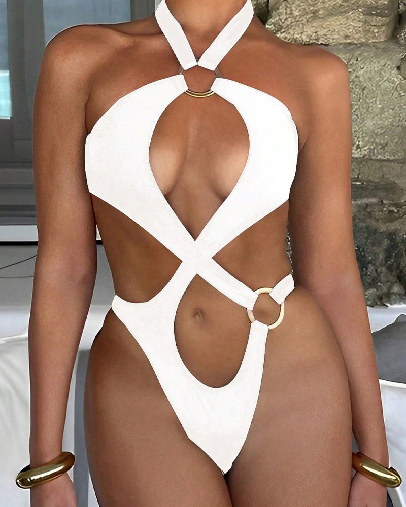 Traje de Baño de Una Pieza con Corte, Espalda Abierta y Cuello Halter