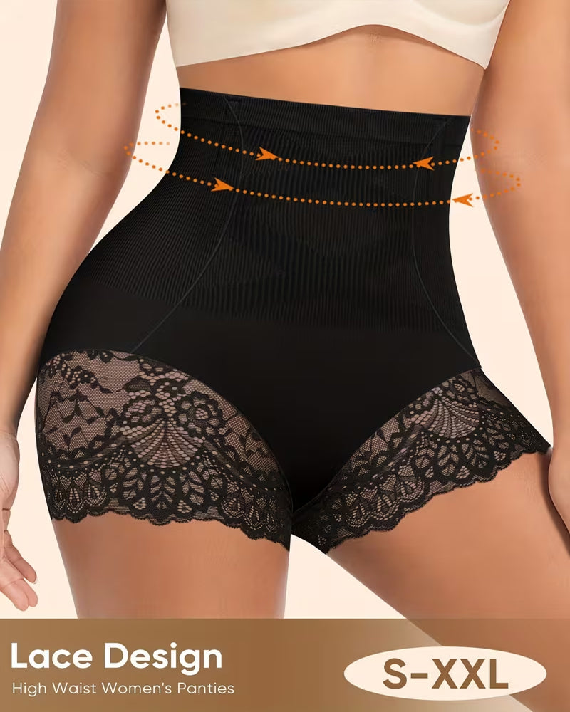 Panties de Control Abdomen y Levantamiento de Glúteos de Encaje Sin Costuras de Cintura Alta para Mujer