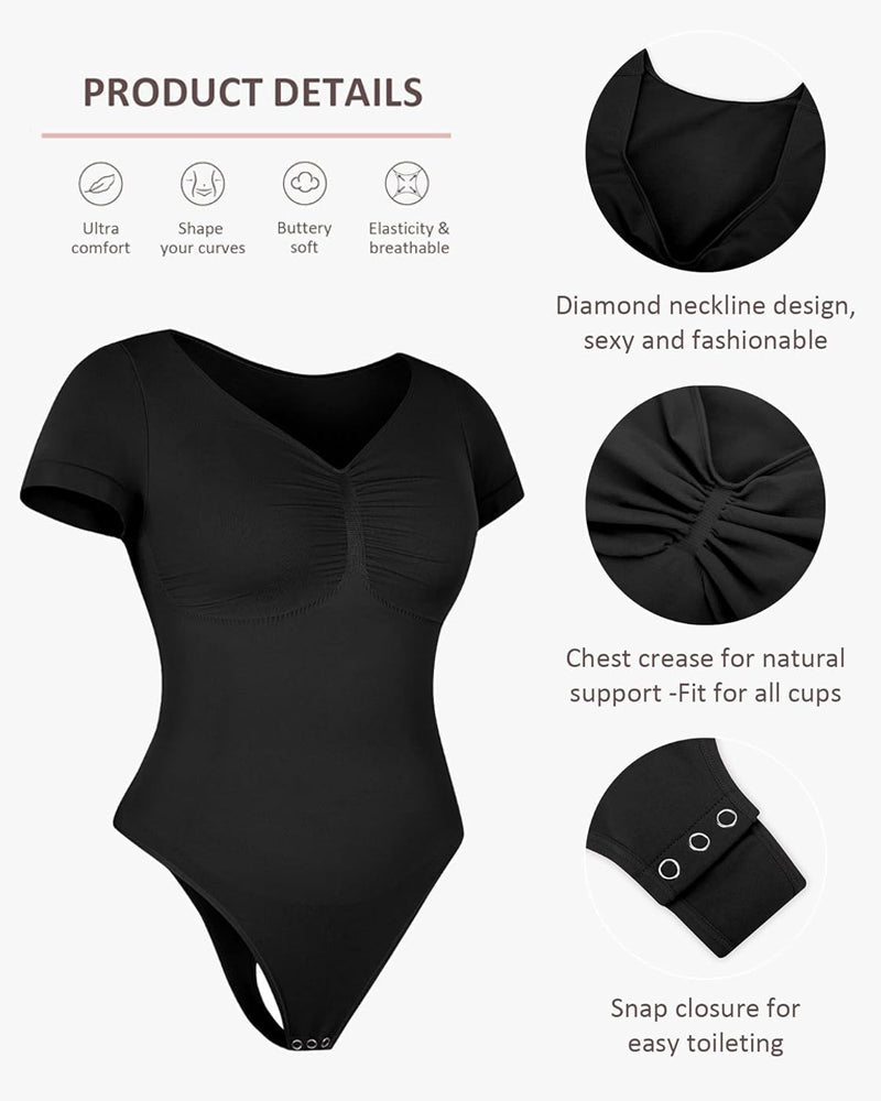 Body sin costuras para mujer con escote en V y mangas cortas