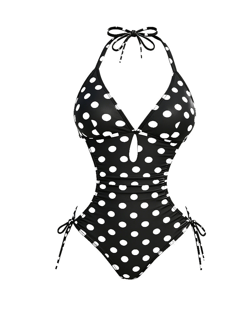 Bañador de Una Pieza con Estampado de Lunares y Escote Halter en V para Mujeres