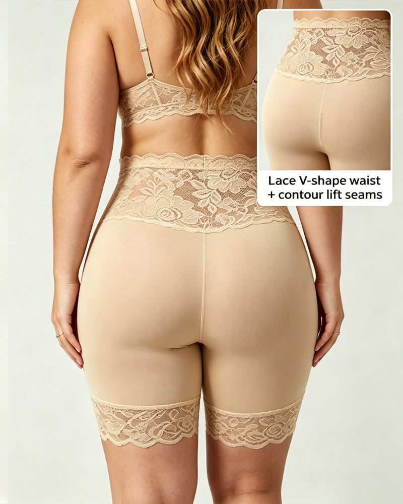 Shorts Elásticos de Control Abdomen Sin Costuras con Cintura Alta y Detalles de Encaje para Mujeres