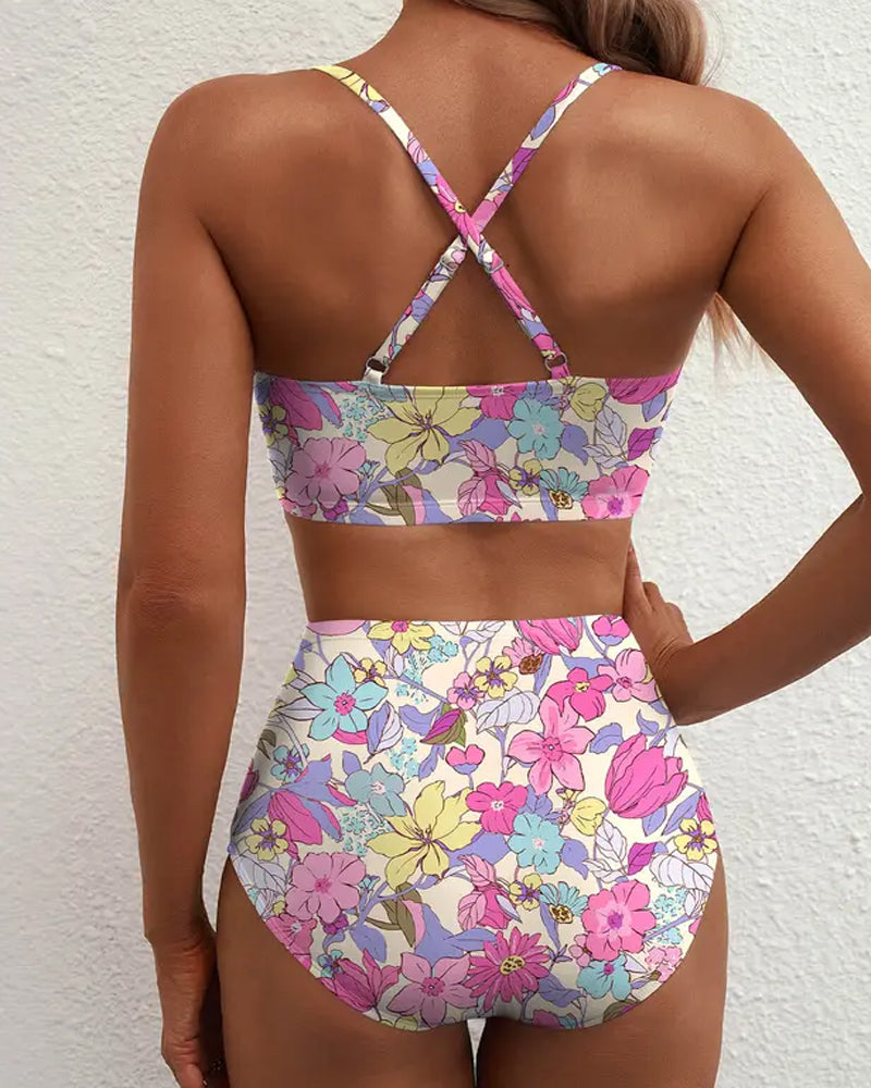 Bikini floral de talle alto con control abdominal y escote en V para mujer