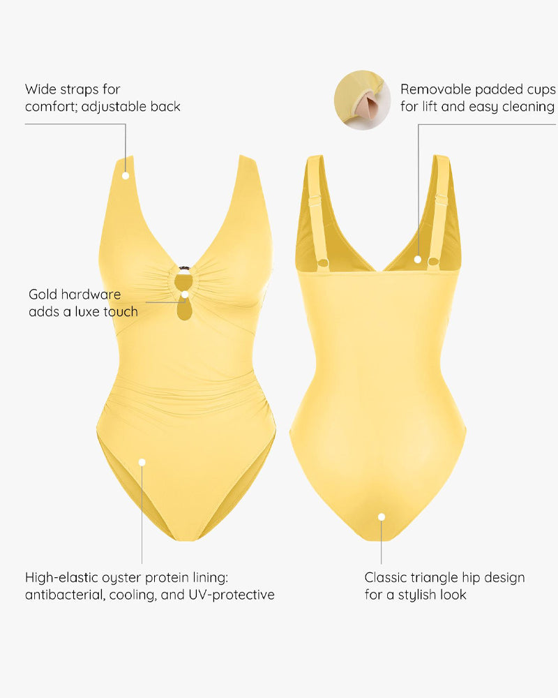 Bañador de Una Pieza con Control Abdomen y Escote en V Profundo - Color Sólido