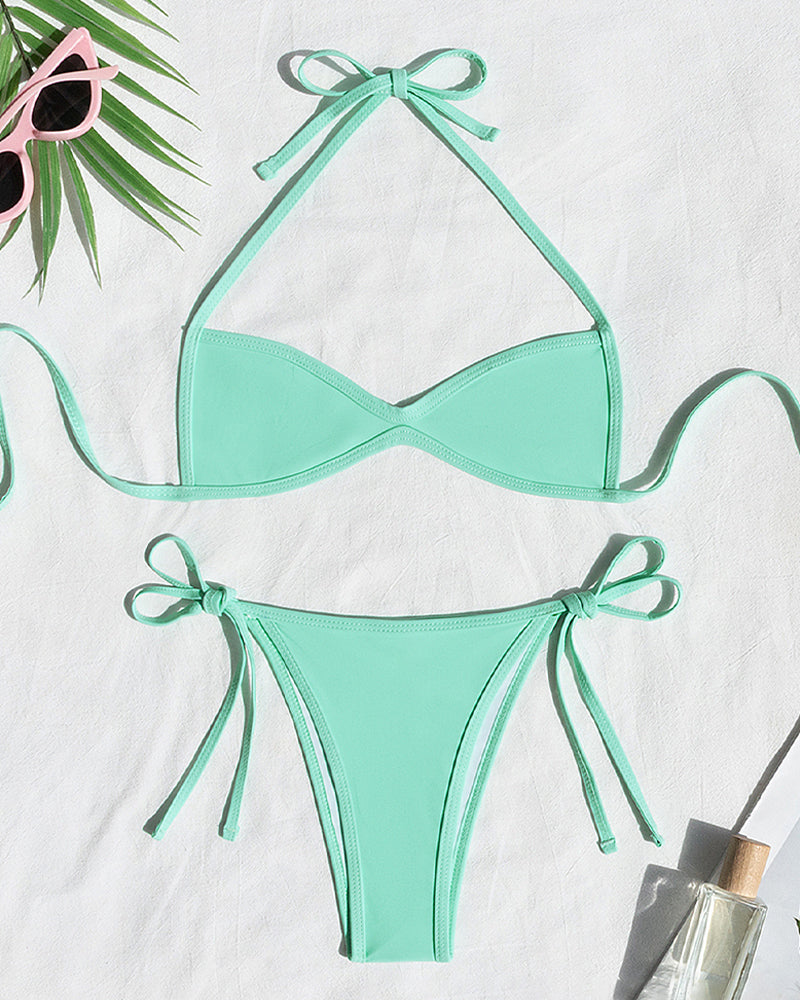 Bikini de Playa Mini Plisado con Cuello Halter en Color Sólido Sexy