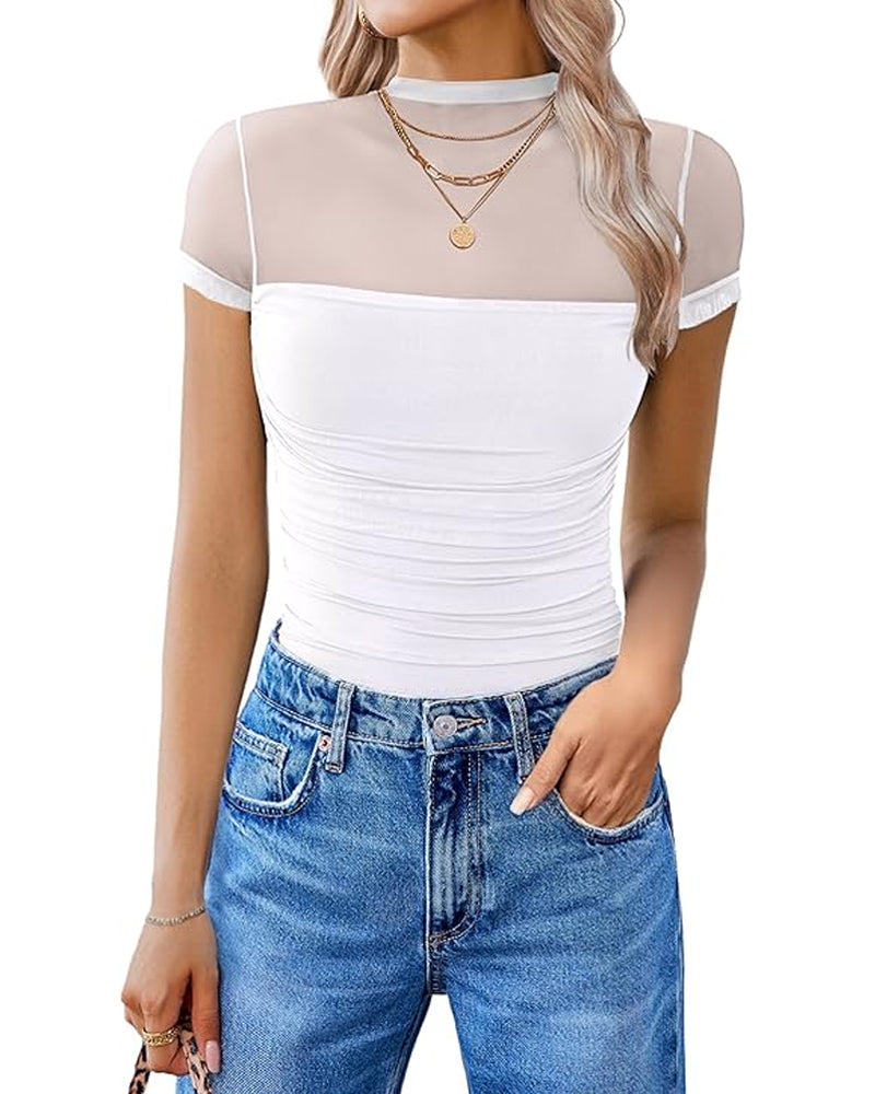 Cuerpo sin costuras de manga corta con panel de malla transparente y cuello alto para mujer