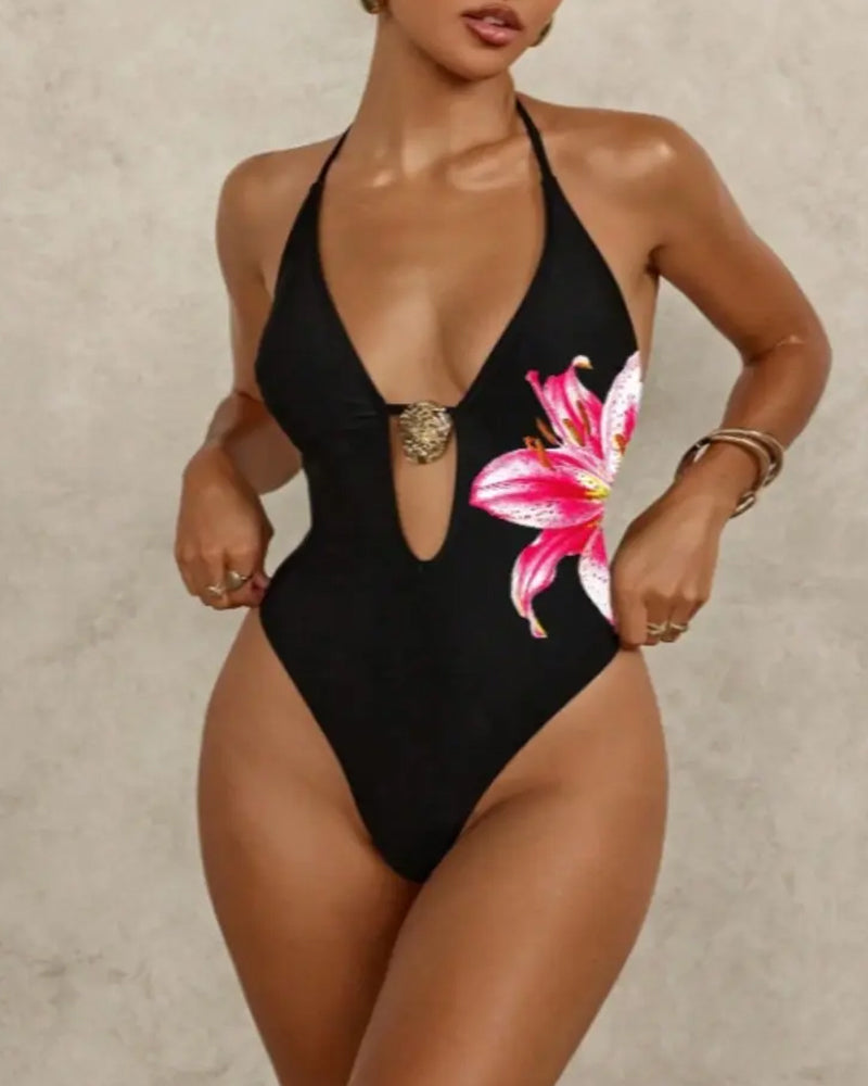 Traje de baño de una pieza sin espalda con cuello halter y escote en V floral