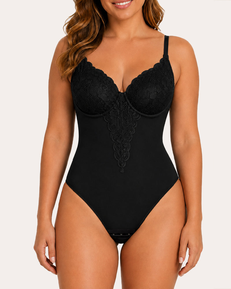 Body sin costuras para mujer con control abdominal y elegante encaje en V profundo