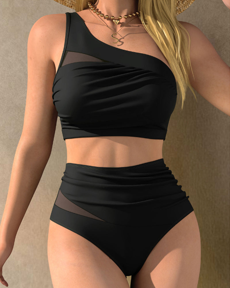 Sexy Bikini de Malla Transparente con Un Solo Hombro