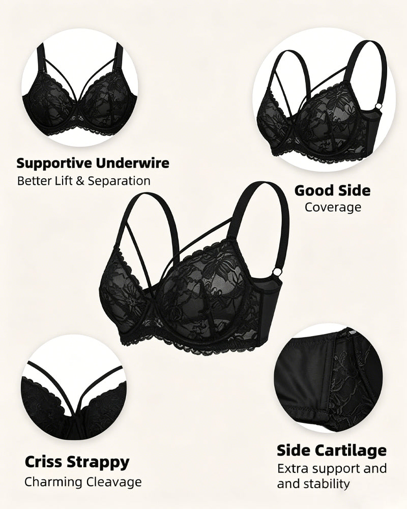 Sujetador sexy de encaje floral con aros para mujer, cómodo y elegante