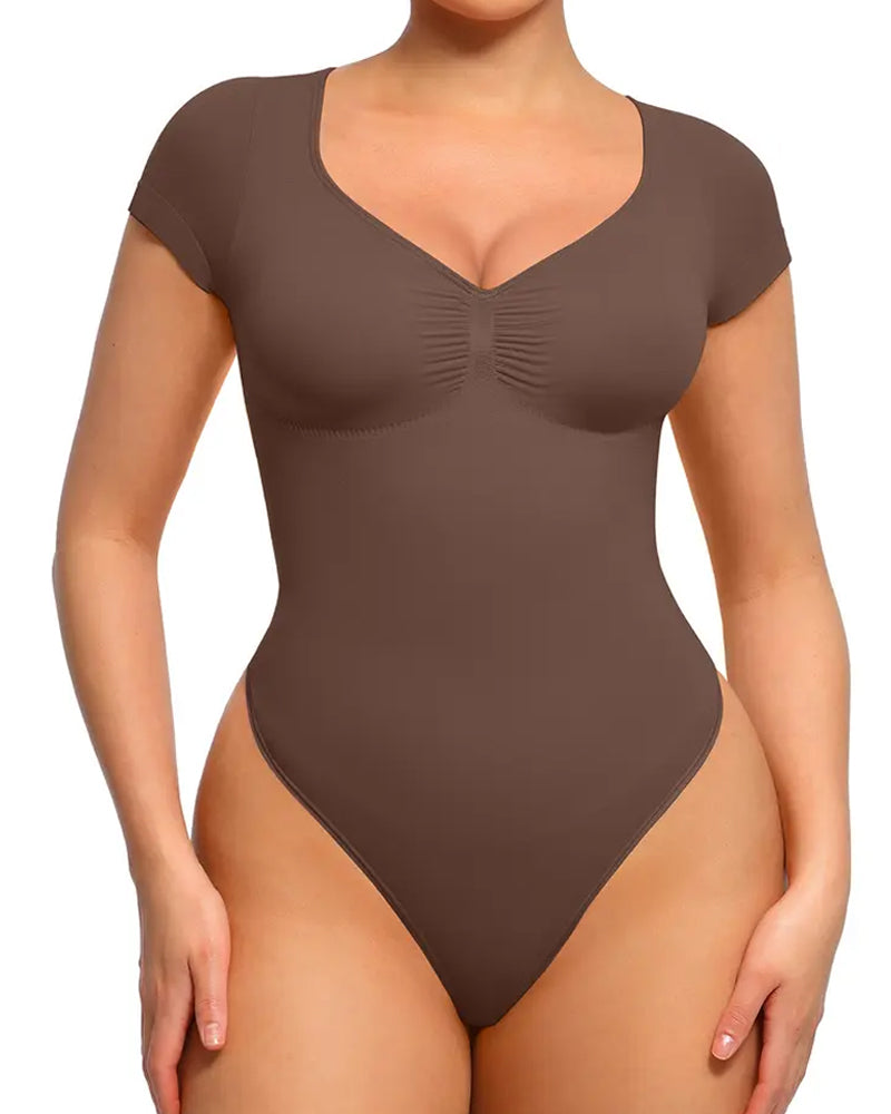 Body sin costuras para mujer con escote en V y mangas cortas