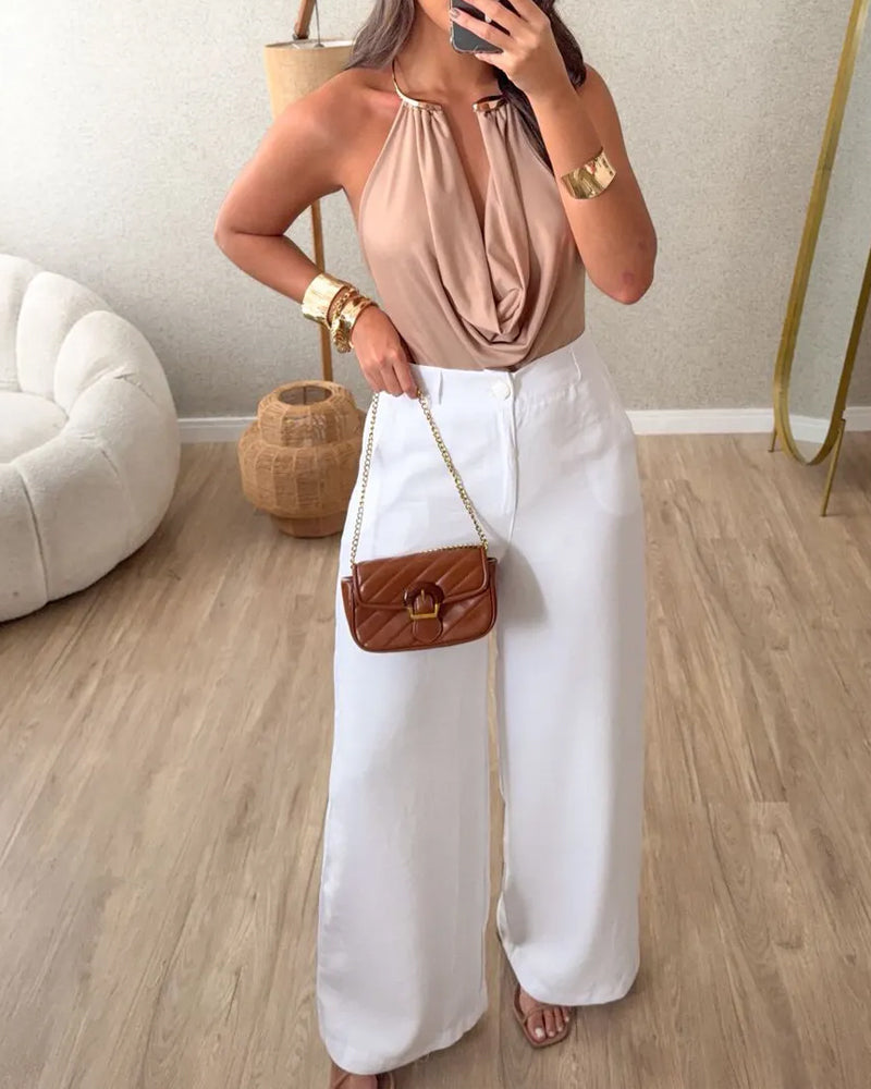 Mono de Color Sólido con Cuello Halter y Choker Sexy para Mujeres