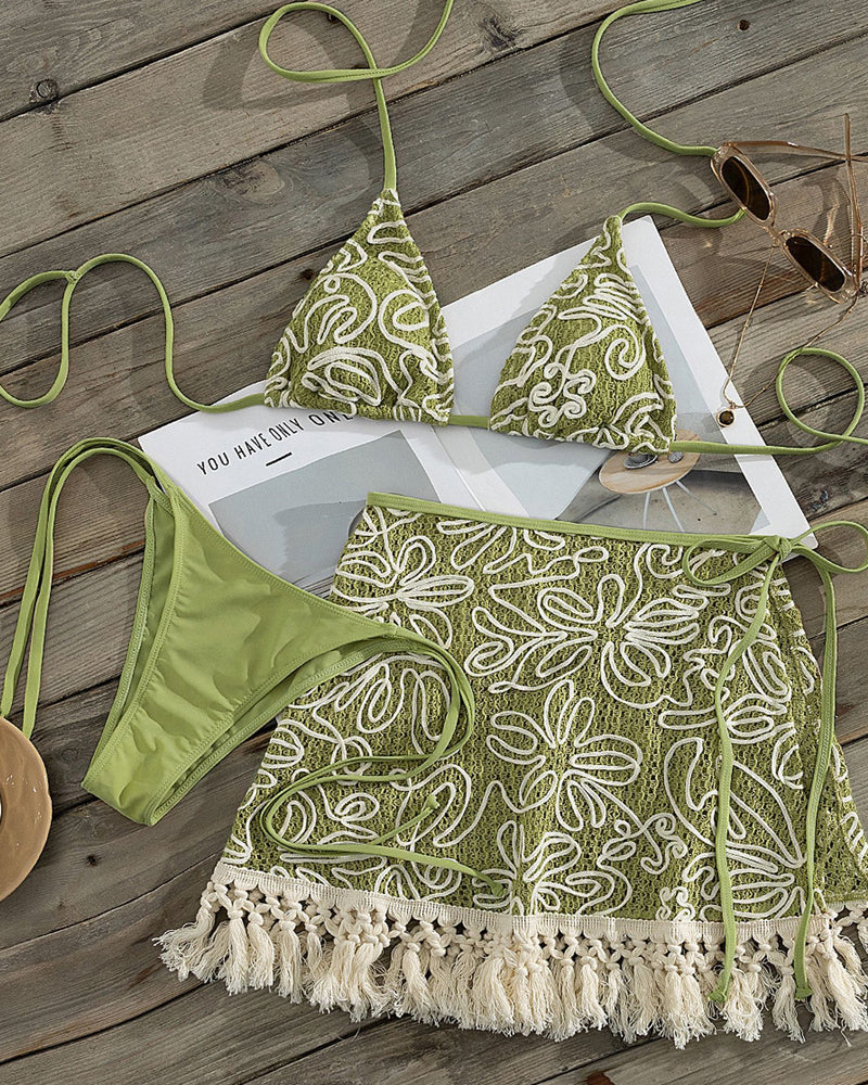 Conjunto de Bikini Bohemio con Halter y Sarong con Borlas - 3 Piezas