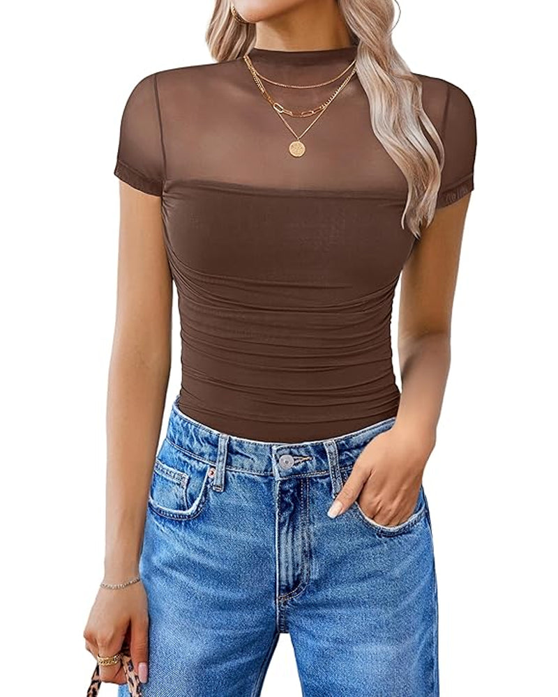 Cuerpo sin costuras de manga corta con panel de malla transparente y cuello alto para mujer