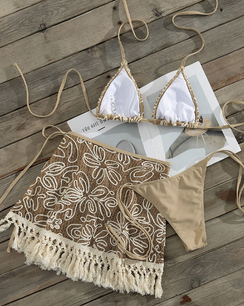 Conjunto de Bikini Bohemio con Halter y Sarong con Borlas - 3 Piezas