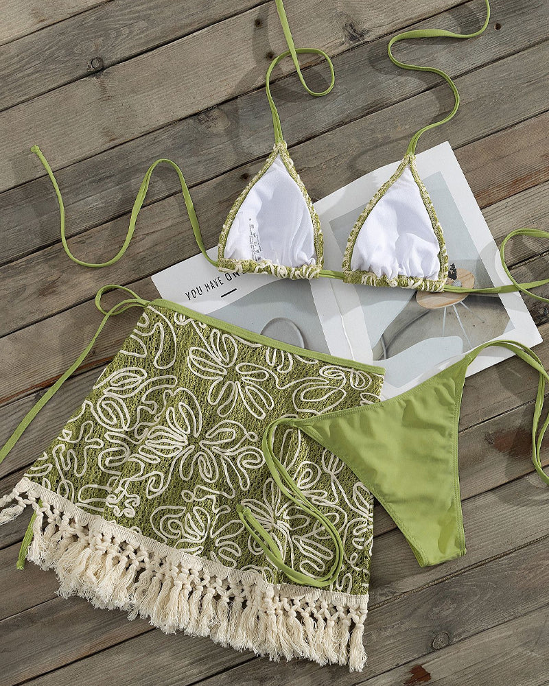 Conjunto de Bikini Bohemio con Halter y Sarong con Borlas - 3 Piezas