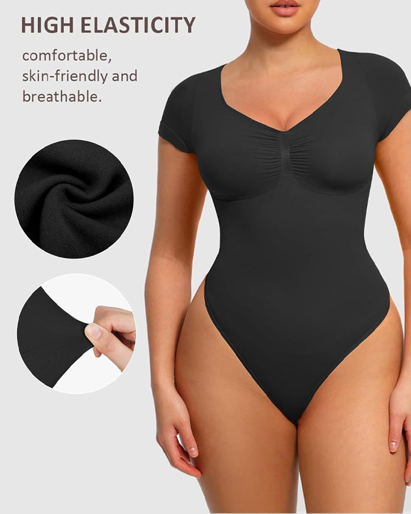 Body sin costuras para mujer con escote en V y mangas cortas