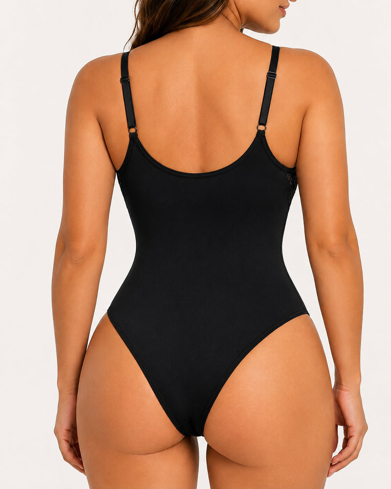 Body sin costuras para mujer con control abdominal y elegante encaje en V profundo