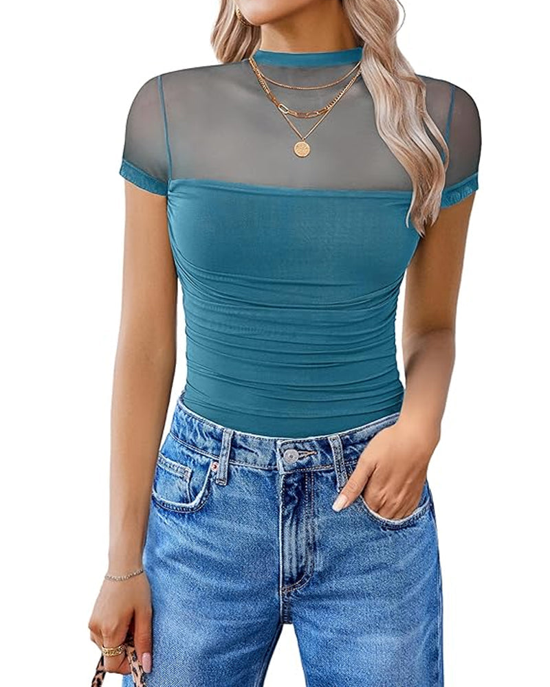 Cuerpo sin costuras de manga corta con panel de malla transparente y cuello alto para mujer