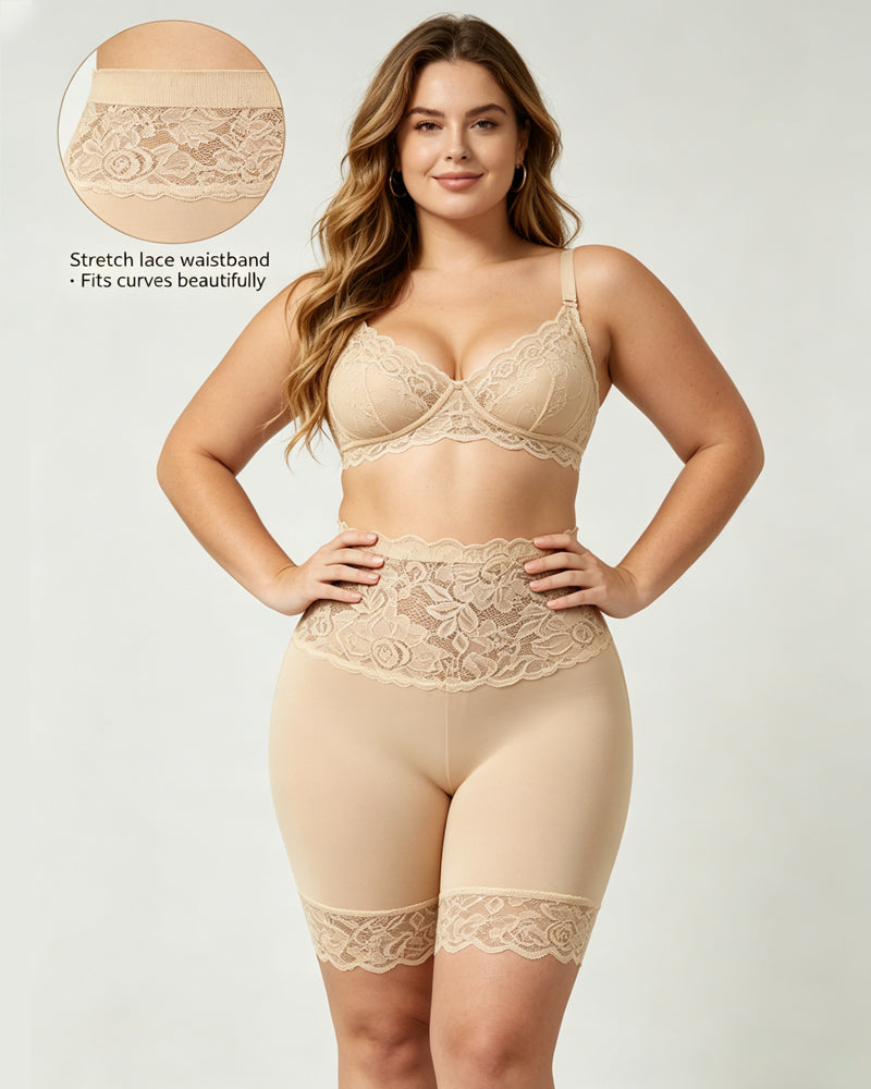 Shorts Elásticos de Control Abdomen Sin Costuras con Cintura Alta y Detalles de Encaje para Mujeres