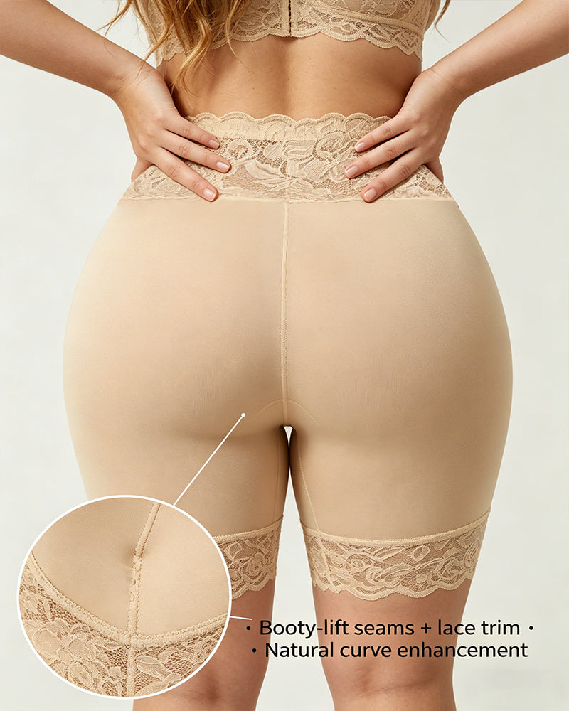 Shorts Elásticos de Control Abdomen Sin Costuras con Cintura Alta y Detalles de Encaje para Mujeres