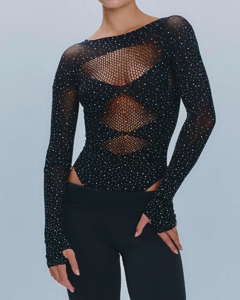 Body de Malla Brillante con Cuello Redondo y Manga Larga