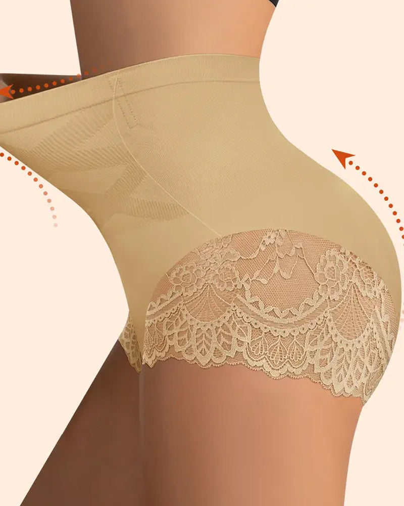 Panties de Control Abdomen y Levantamiento de Glúteos de Encaje Sin Costuras de Cintura Alta para Mujer