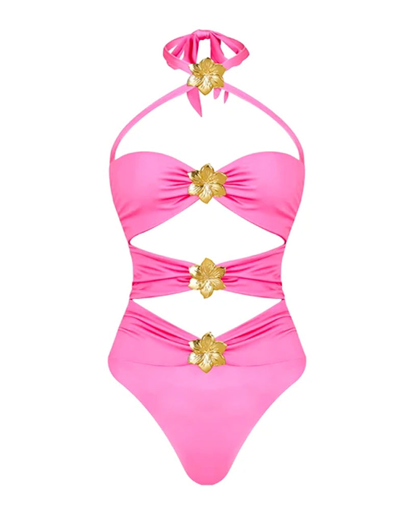 Bañador Halter con Falda y Detalles de Hardware Floral