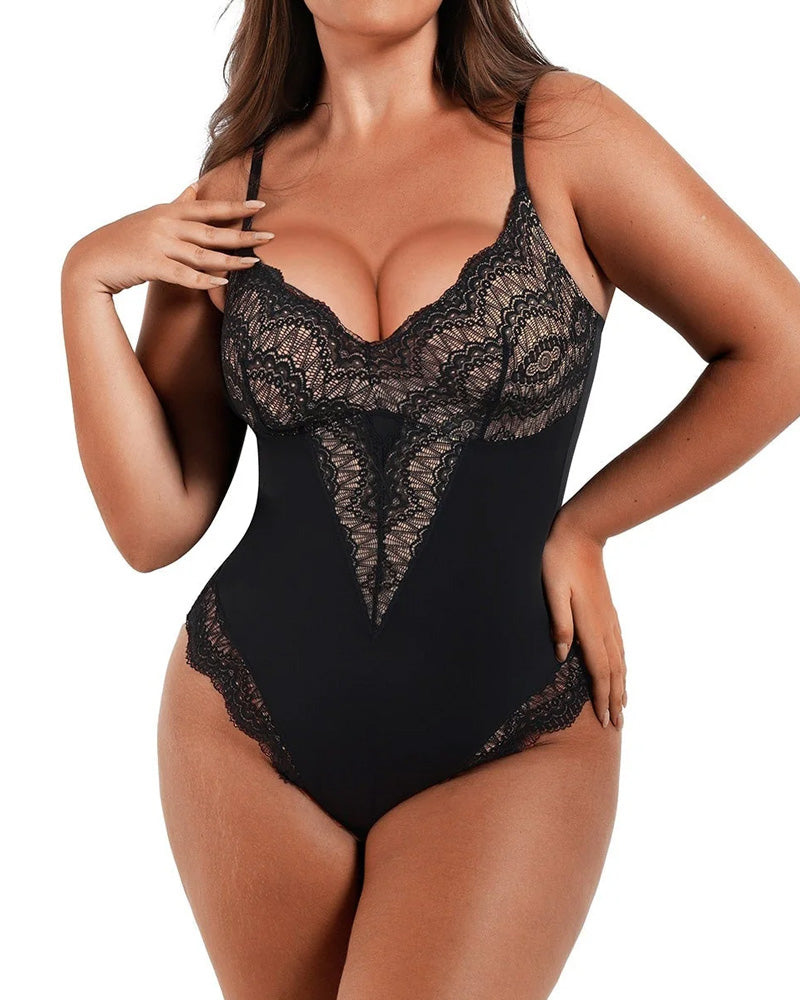 Body de Encaje con Escote en V y Control Abdomen