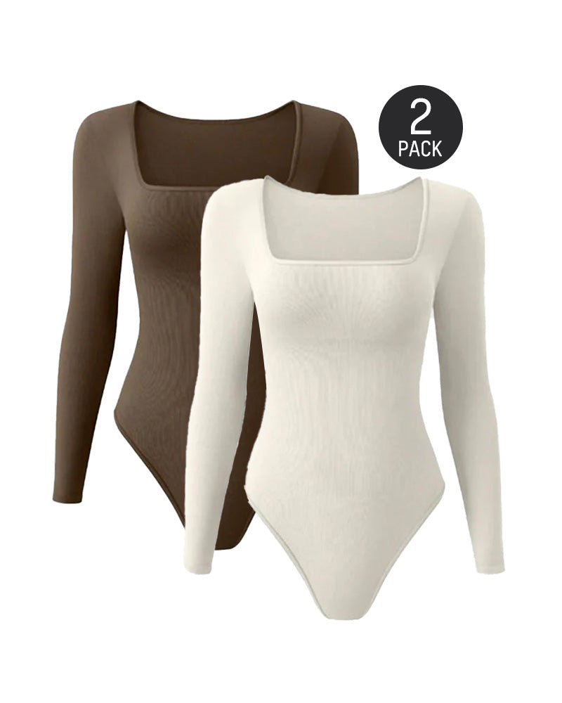 Floralshe® Elegante Body de Cuello Cuadrado y Manga Larga