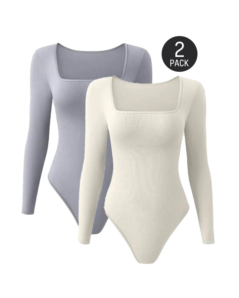 Floralshe® Elegante Body de Cuello Cuadrado y Manga Larga
