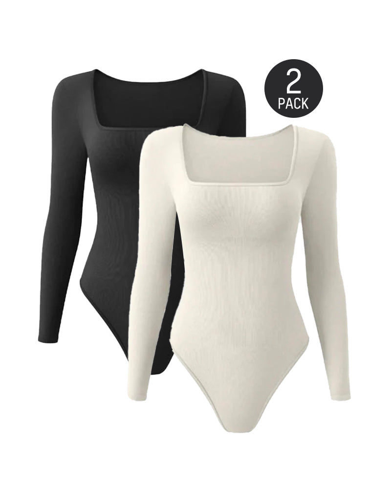 Floralshe® Elegante Body de Cuello Cuadrado y Manga Larga