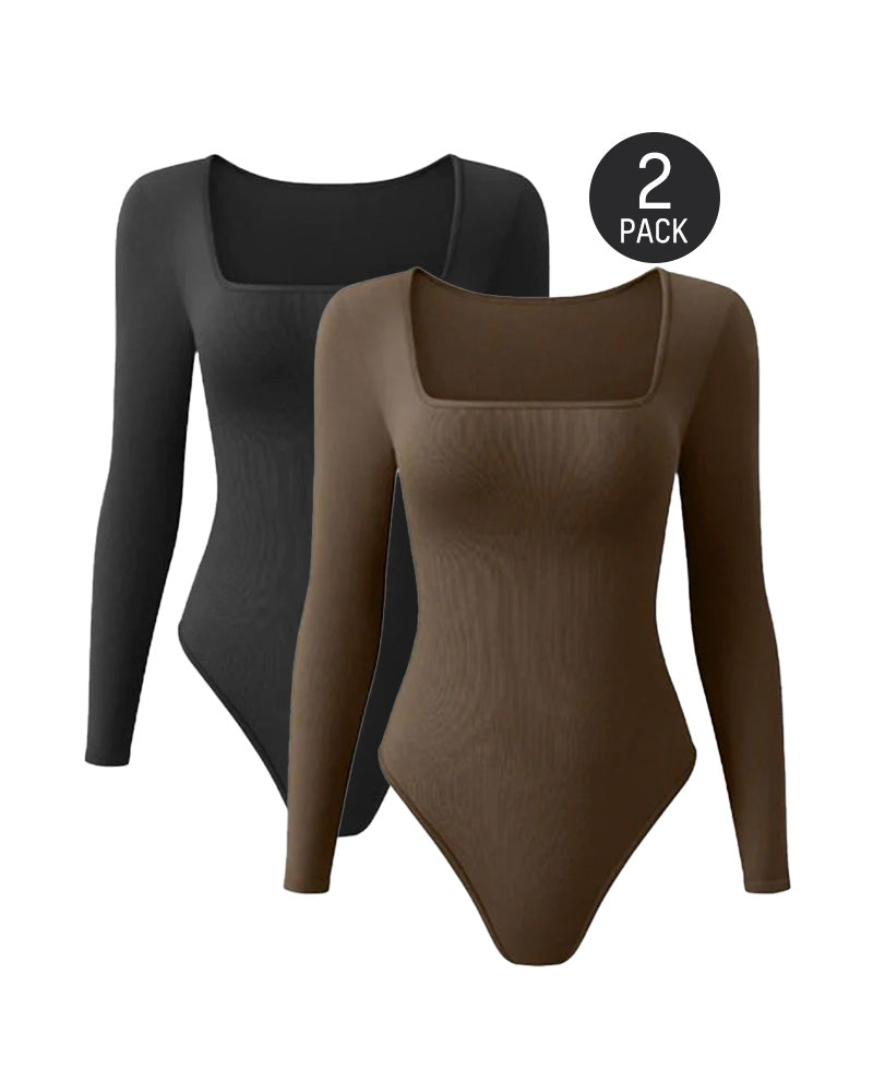 Floralshe® Elegante Body de Cuello Cuadrado y Manga Larga