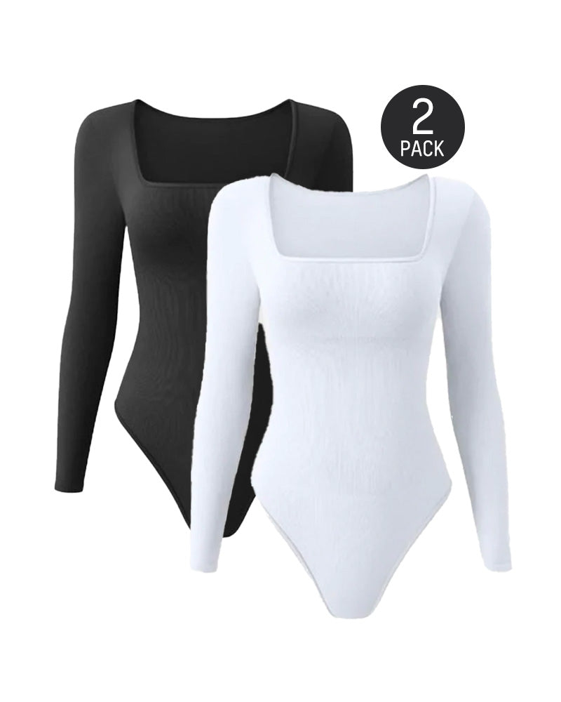 Floralshe® Elegante Body de Cuello Cuadrado y Manga Larga