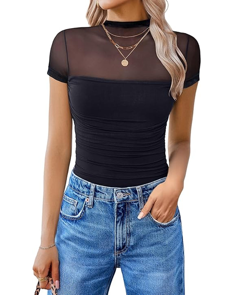 Cuerpo sin costuras de manga corta con panel de malla transparente y cuello alto para mujer