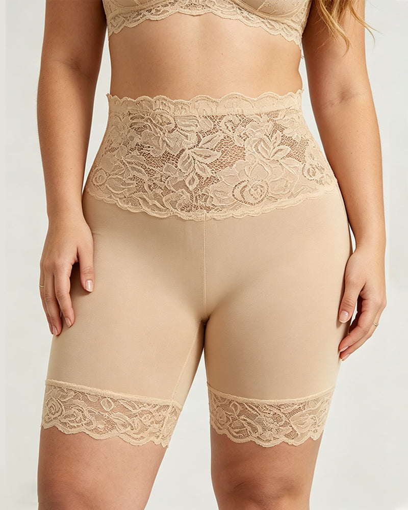 Shorts Elásticos de Control Abdomen Sin Costuras con Cintura Alta y Detalles de Encaje para Mujeres
