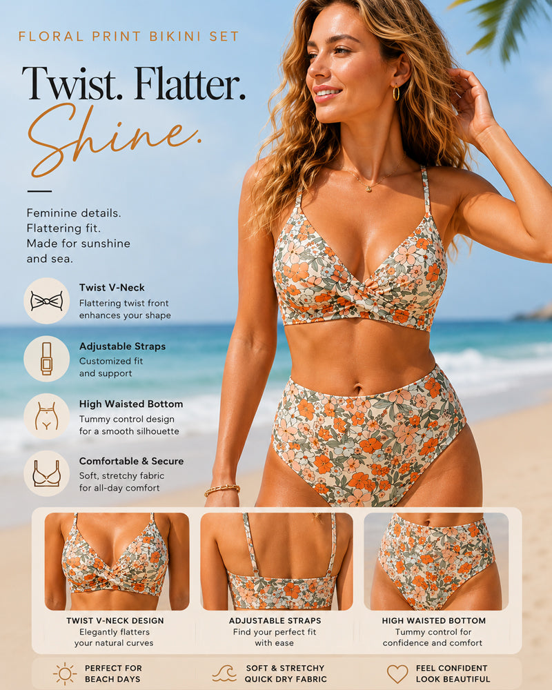 Conjunto de Bikini de Cintura Alta con Nudo y Escote en V con Diseño Floral